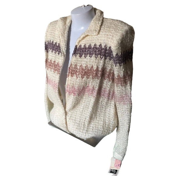 Vintage 80s WOMENS Cardigan Sweater zig zag stripe Cream S 2 4 NEW NWT - Picture 5 of 11